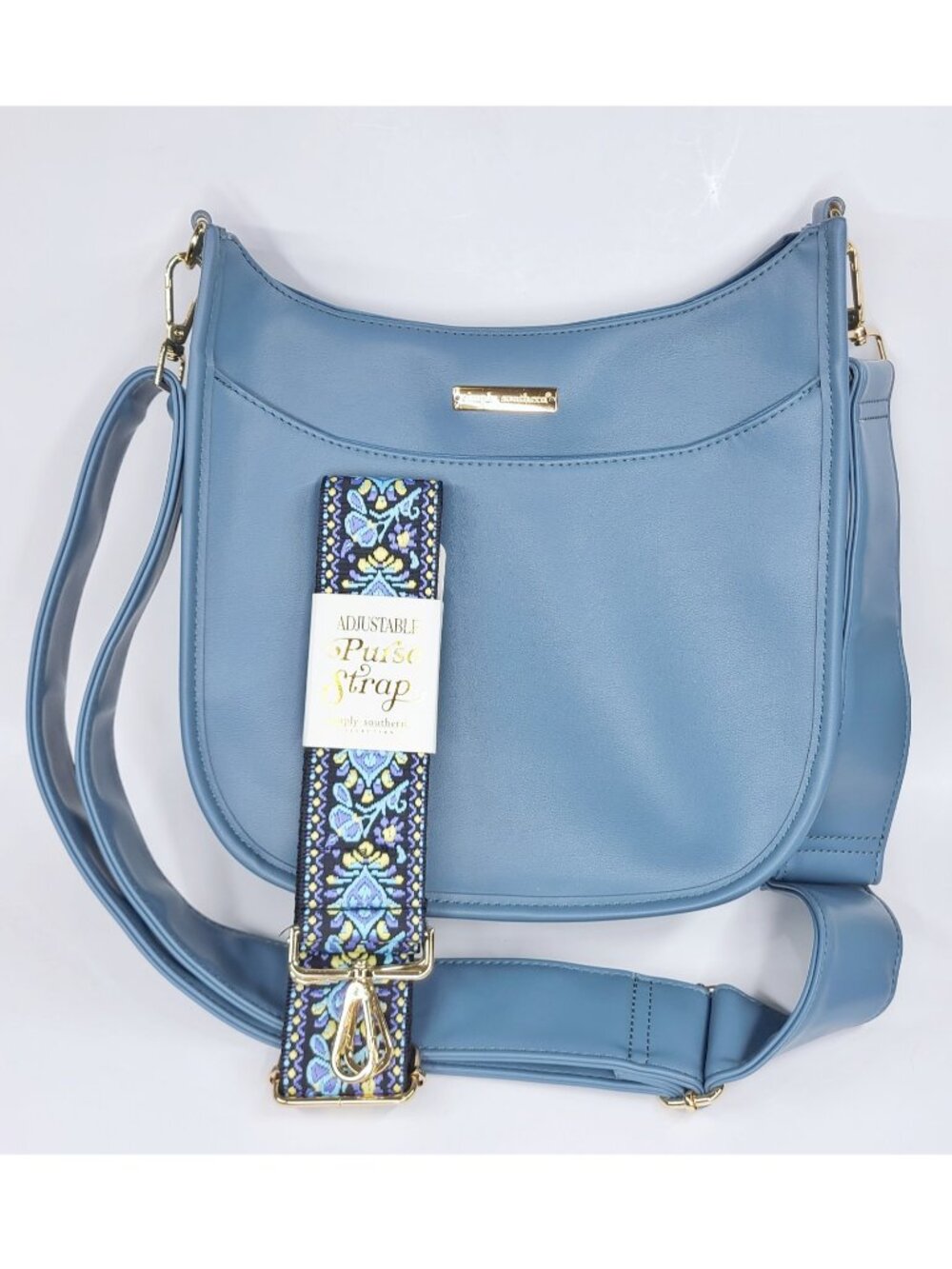 Simply Southern NEW Blue Crescent Crossbody Bag Adjustable Strap Zip Pocket Gold
